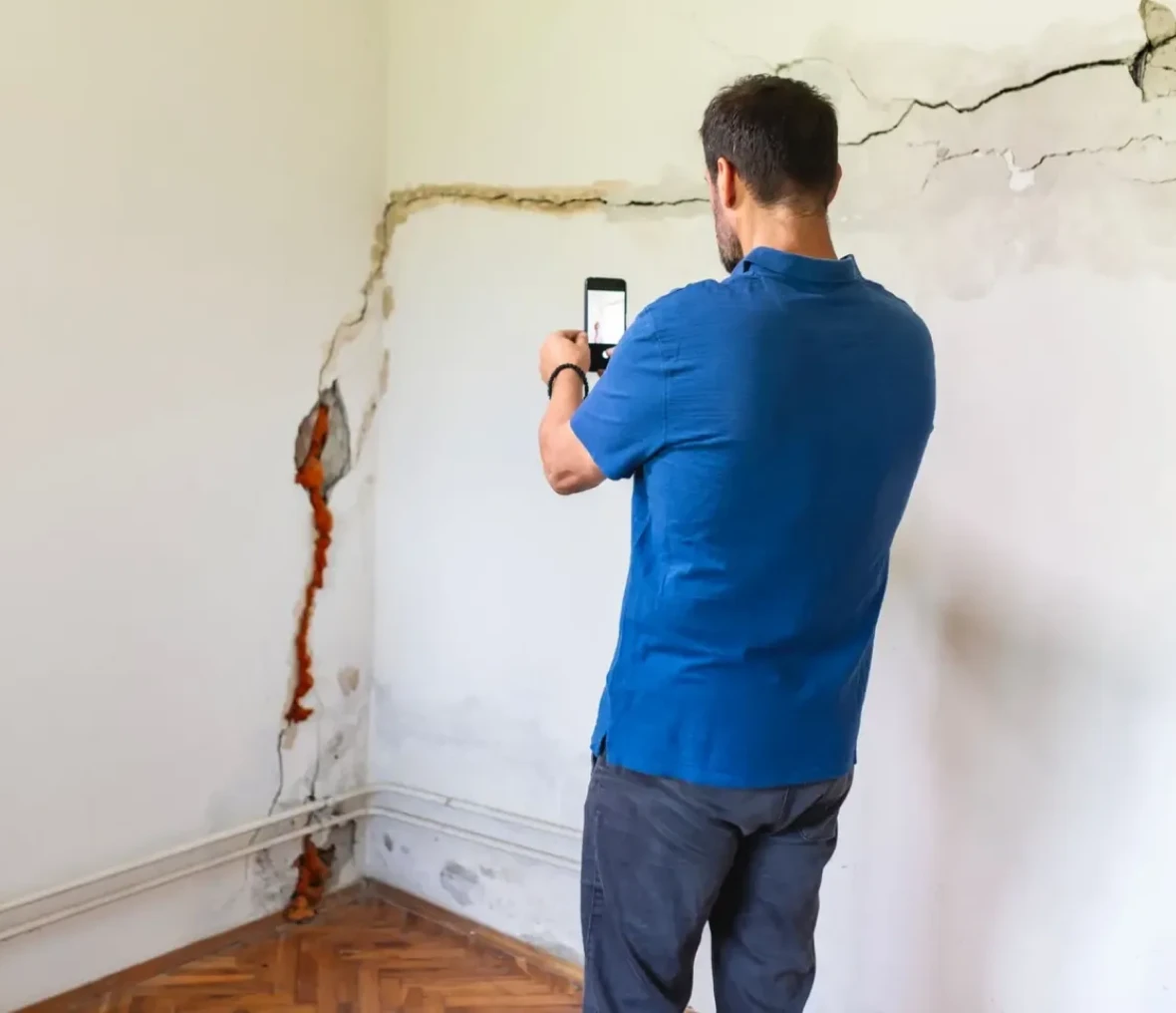 Person documenting wall damage with phone